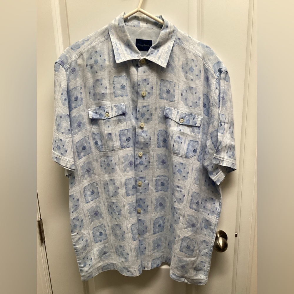 Tommy Bahama Shirt Mens XLX Blue Linen Floral Hawaiian Beach Vacation Dad Summer - Picture 2 of 10